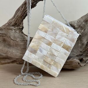 Vintage MAD by Design Natural Horn Spun Silk w/ Seed Bead Strap White Mini Purse